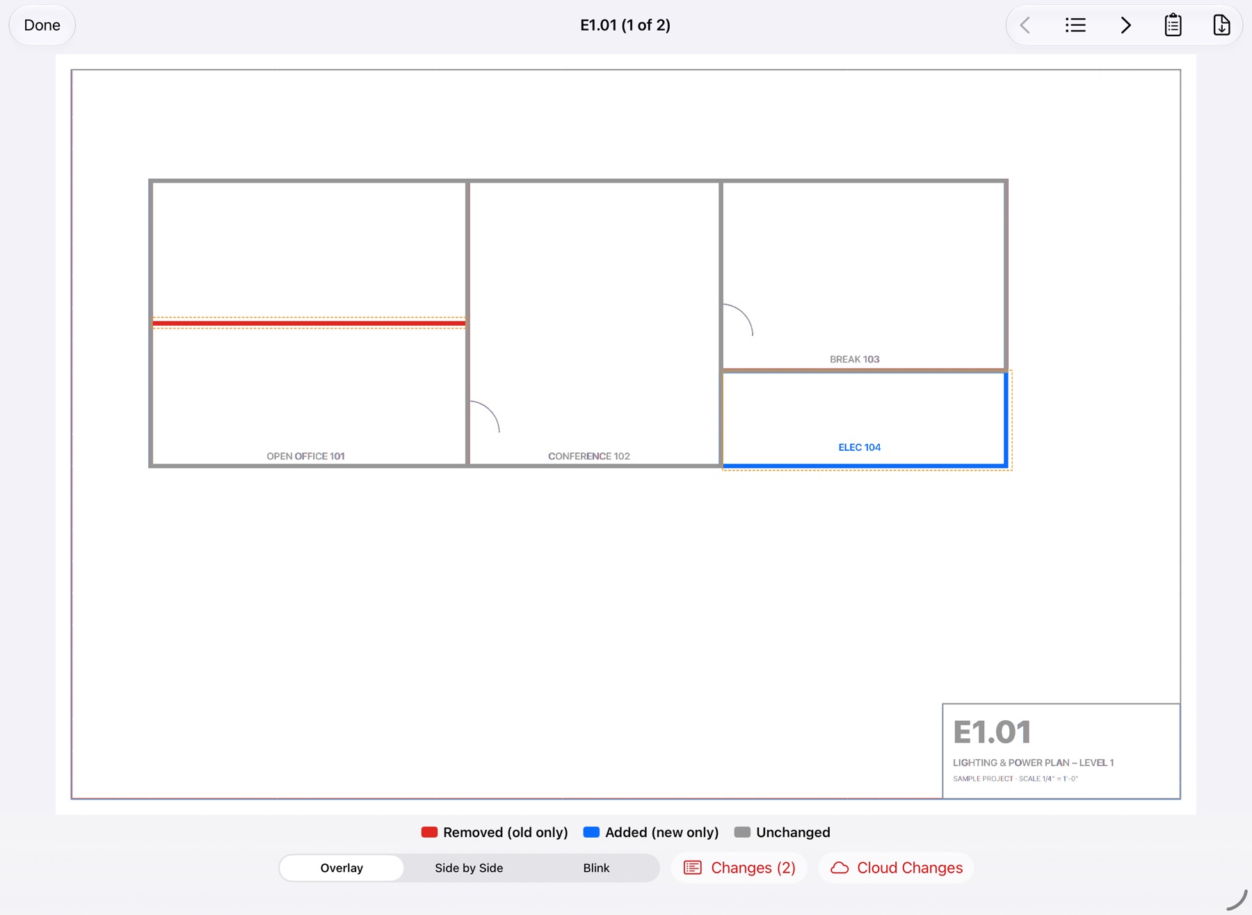 Compare view: a removed wall in red and a new electrical room in blue.