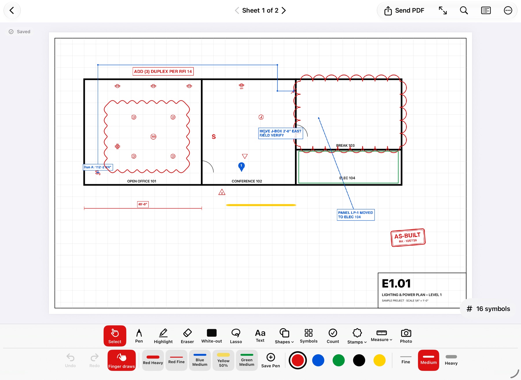 Rough-In Redlines on iPad: floor plan E1.01 with red revision clouds, duplex receptacle symbols, a measured run, a text callout and an AS-BUILT stamp.