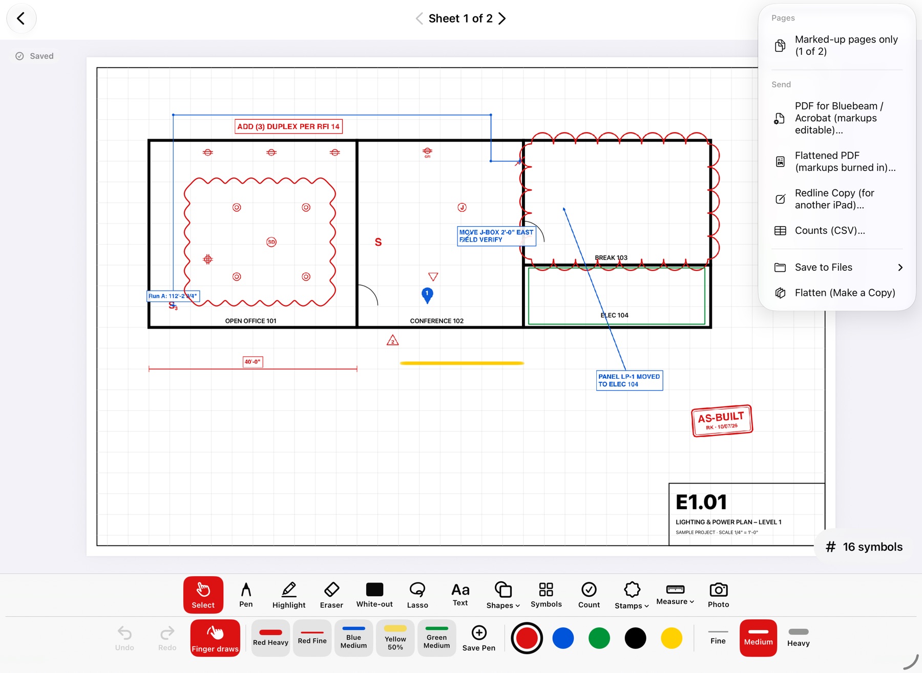 The Send menu with PDF for Bluebeam or Acrobat, Flattened PDF, Redline Copy and Counts CSV.
